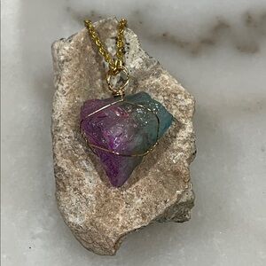 Gold Wire Wrapped Multicolor Aura Quartz Stone Pendant Necklace